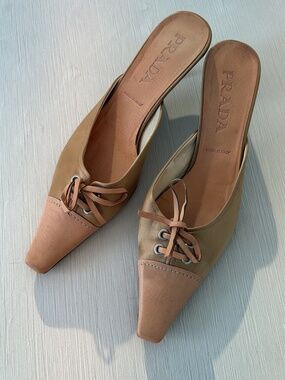 Vintage Prada Fabric Leather Lace Up Kitten Heel Mules EU 38.5